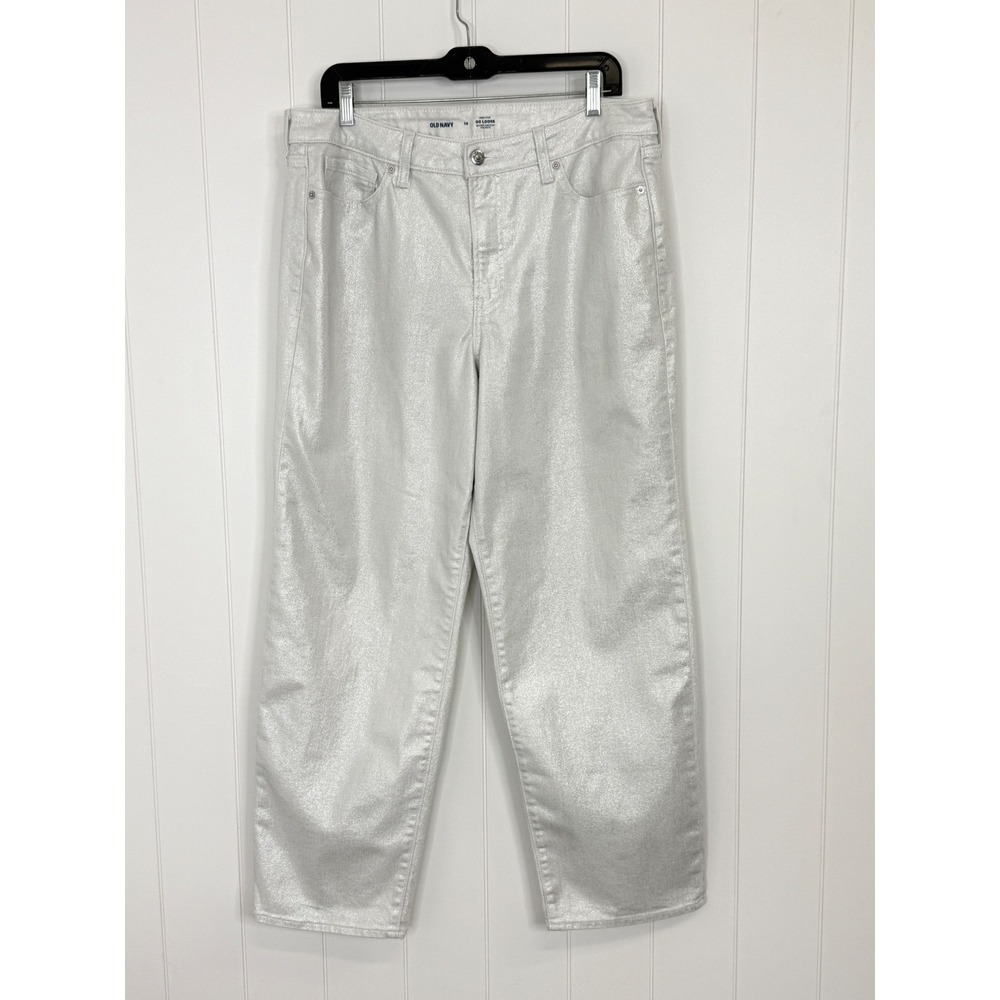 Old Navy OG Loose Silver Shine Metallic Jeans Women 14 High Rise Straight Leg